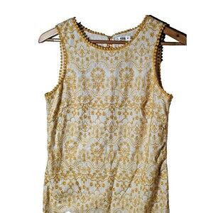 Max Studio Beautiful Embroidered White And Yellow Tunic Dress Crochet Trim S